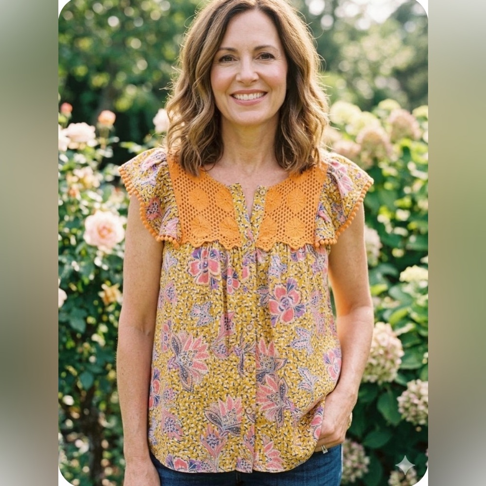 Nanette Lepore Women's Floral Ruffle Blouse - Yellow & Pink - Size L